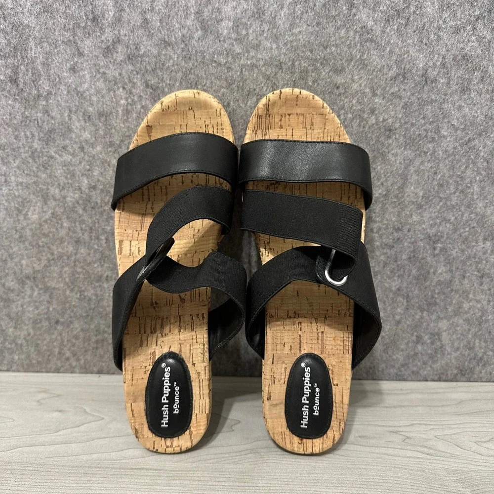 Hush Puppies Coco Wedge Sandals Womens 9.5 Black Leather Cork Platform